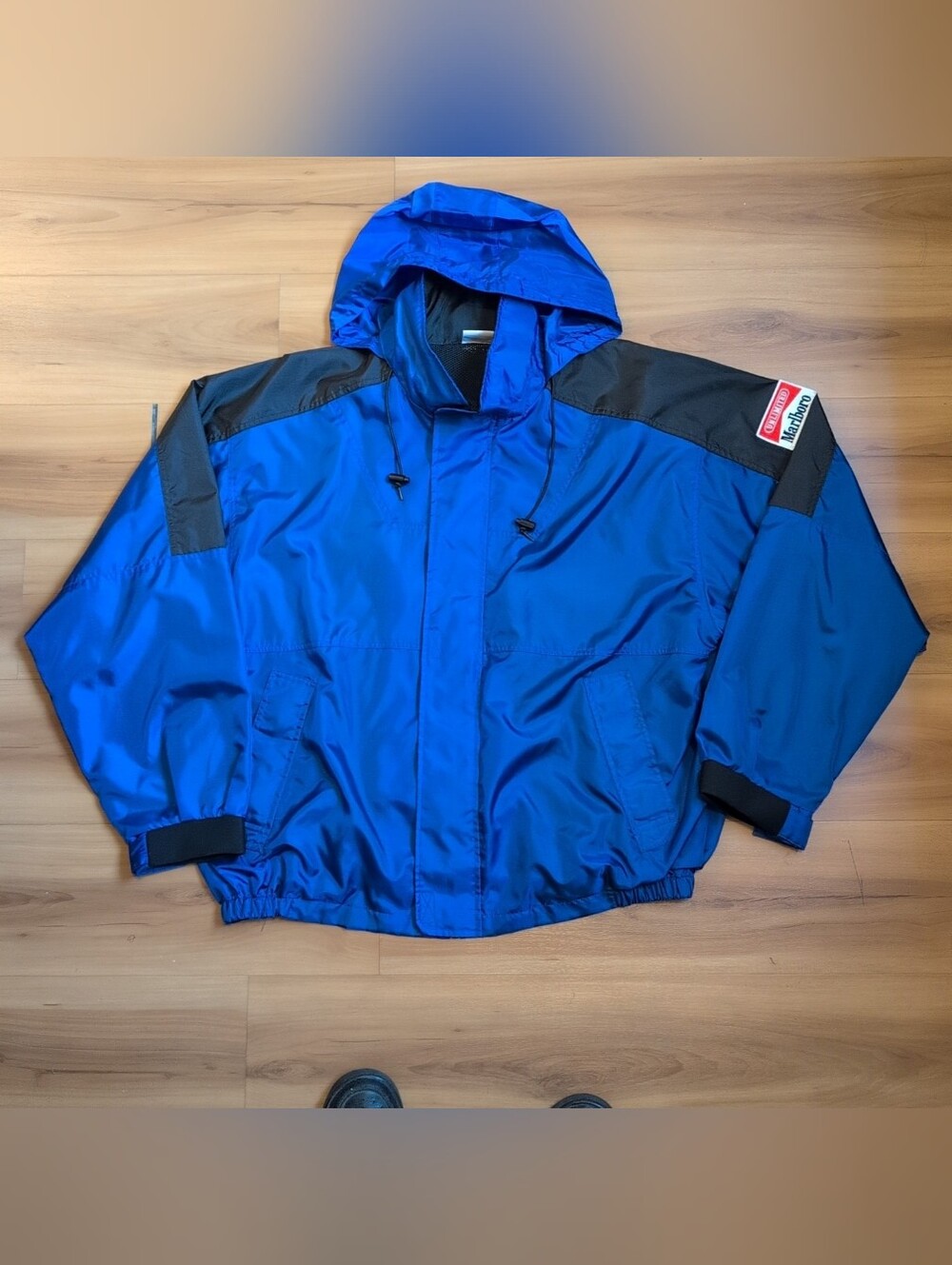Vintage Marlboro Unlimited Jacket Mens Extra Large Blue Hooded Windbreaker Rain